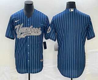 Mens New York Yankees Big Logo Navy Blue Pinstripe Cool Base Stitched Baseball Jersey